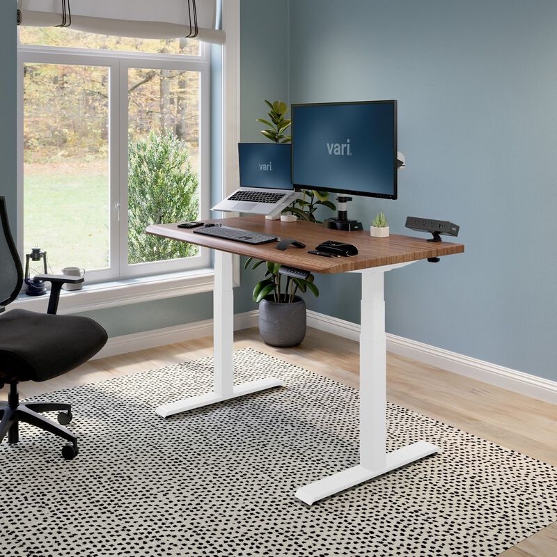 Electric Standing Desk 48x30 white and walnut in raised position at home image number null